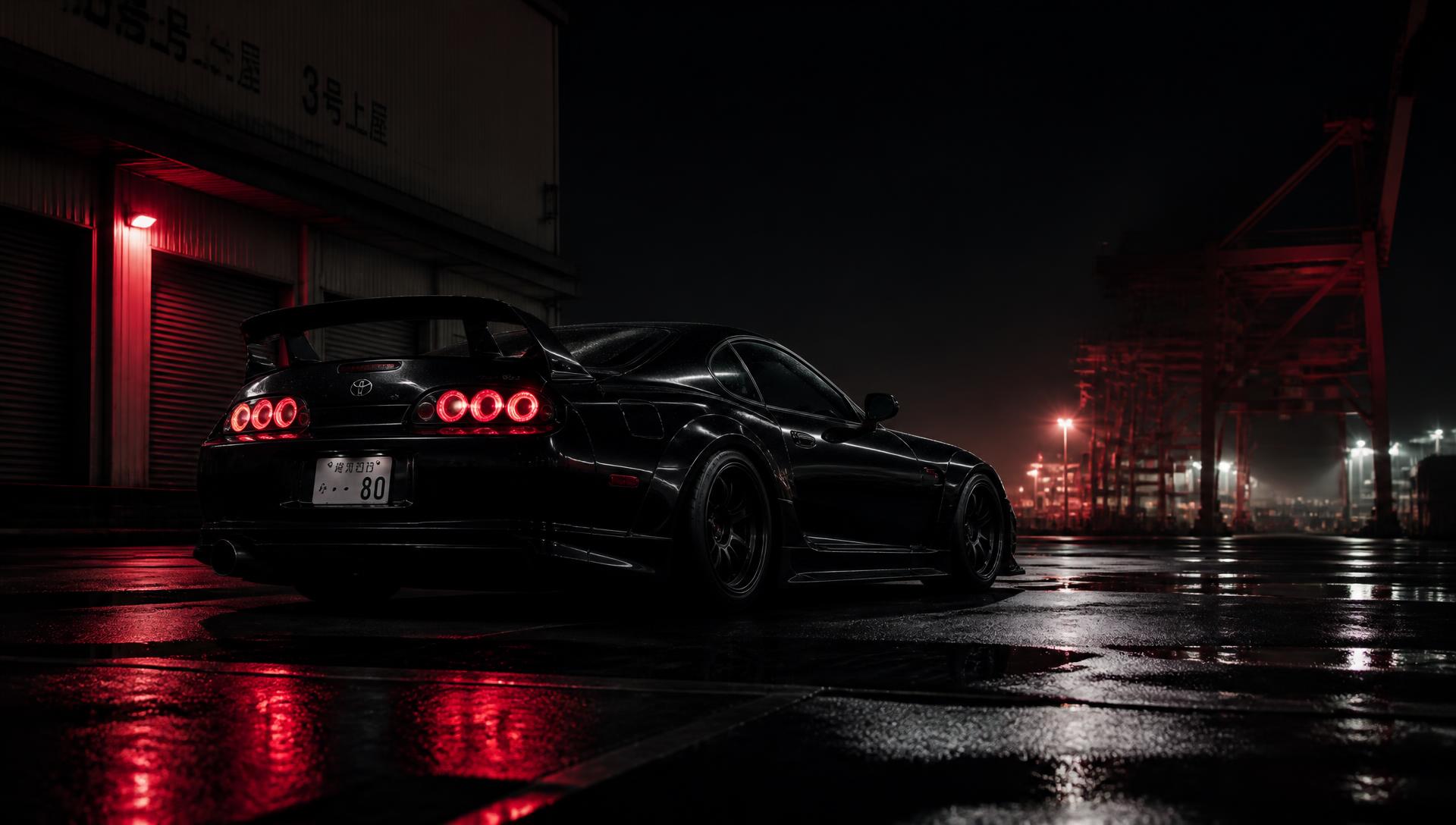 Black Japanese sports car under red lights at a Japanese export port