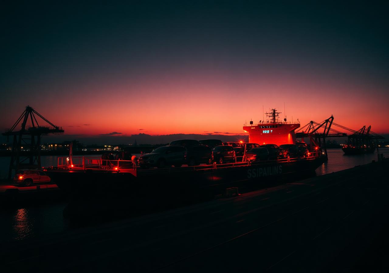 Car carrier vessel loading exported vehicles at a Japanese port